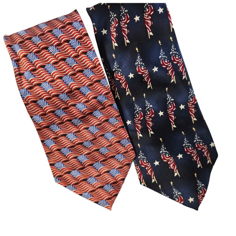 Umberto Bossi & Stonehenge Necktie Men OS Blue Red American Flag Silk Lot 2pc